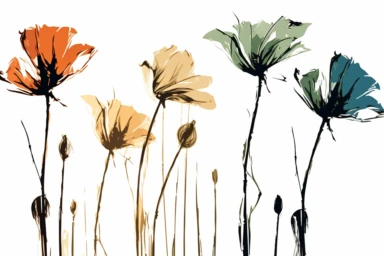 ink drawing four flowers vector clipart, ink style, ink drawing, prominent ink strokes, flat style, free-hand light color brush strokes under ink lines, flowing silhouettes, sparse use of color, prominent line style, white background, spaced out, do not intersect images, spacing between elements, single thickness lines, no shadows, few details, no volume, hand drawn ink drawing, sketchy lines, flowing lines, juxtaposition of lines, comic strip style, cartoonish style, fine lines, delicate curve,