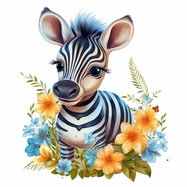 a cute zebra with flowers, hand painted, oil paint, jungle animals, clipart, children's book illustration, white background, isolated, nursery art