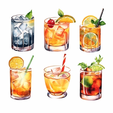 Alcohol cocktail collection. Watercolor illustration. Drinks clipart