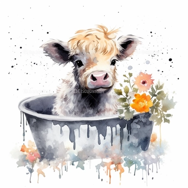 watercolor clipart of an adorable white highland cattle calf with black spots around the eyes and black ears sitting wet in a tub filled with water and flowers, happy, smiling, sunny and warm day, hand drawn style, white background