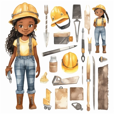 watercolor collection clipart girl construction worker with dark skin cute childish neutral colors on white background