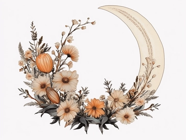 vintage pressed flowers, in a crescent moon shape, for a T-shirt graphic, minimalist, white background with margins, clipart style