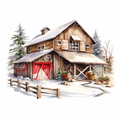 vector watercolor close up winter christmas farm barn decorated in Christmas style decor in winter clipart on white background, close up view, winter christmas farm barn, photorealistic, ultrarealistic, no background, on white