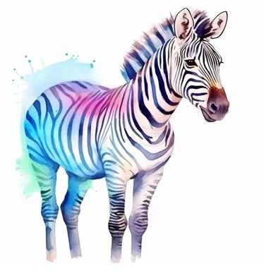 a colorful zebra with kind eyes clipart with watercolor illustration,full body shot,8k,etsy style, white background