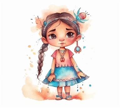 cute adorable little Native American princess character watercolor clipart, full body, disney, pixar