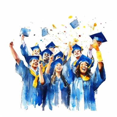 watercolor style, Graduation hat toss: Clipart showing a group of graduates throwing their caps in the air, celebrating the completion of their studies. clearly visible faces of participants. clipart, isolated on white background, 4K