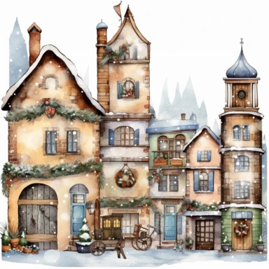 beautiful old town Christmas Clipart , style by Lucy Fleming, watercolor, smooth gradients, black contour outline, ultra detailed, clipart elements, delicate pastel colors, solid white background, super clear, high quality