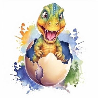 t-rex baby cute dinosaur hatching from egg, realistic, kids cartoon sublimation watercolor clipart design