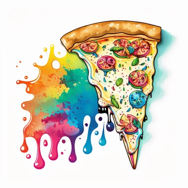 Create a colorful and vibrant clipart of a pizza with psychedelic colors and trippy patterns, using a simple watercolor technique on a white background. Include surreal elements like melting cheese, dripping sauce, and swirling patterns. Use a limited color palette to create a cohesive and eye-catching design. Prompt: a pizza with psychedelic colors and trippy patterns, using a simple watercolor technique on a white background, with surreal elements like melting cheese, dripping sauce, and swirl