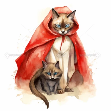 A clipart of a Siamese cat wearing a red riding cloak and riding a wolf, just like in the fairytale of Little Red Riding Hood, watercolor style, realistic, bright colors, 300 dpi, 8k, white and clear background
