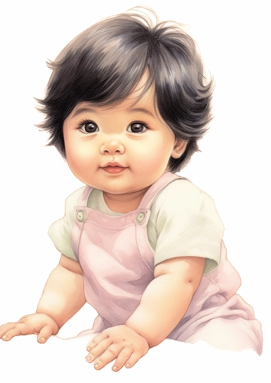 a cute retro vintage Asian infant baby girl . short, black, straight hair. Color pencil sketch, soft baby colors, on a white background for clipart.
