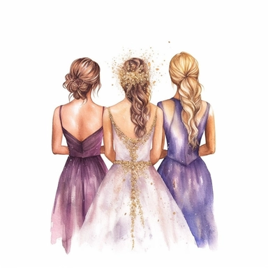 glamour glitter half body wide shot, watercolor white wedding dress bride wedding hairstyle with beautiful gold headpiece clipart, + two bridesmaids in purple dress, hd, isolated on white background, spaced out ar 3:2