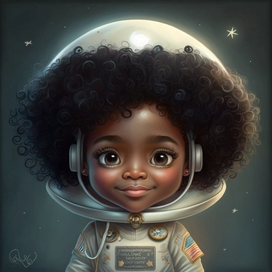 Happy Black Girl Astronant on the moon ,Cheer full , Curly hair, Black Girl clipart, Funny African American Girl , Humorous , funny , smiling in outter space in alien spacecraft , moon child png, Highly detailed close-up portrait , African american Astronaut Girl , Black Girl on the moon , , standing on the moon , Nicoletta Ceccoli, Mark Ryden, lostfish, Earl Nor, global lighting, divine rays, detailed and intricate surroundings, sf, intricate artwork masterpiece, ominous, matte painting movie p