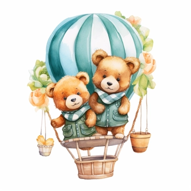 nany boy twins watercolor teddy bear in hot air balloons cute png clipart