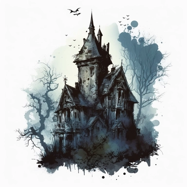 isolated clipart image of a spooky gothic house with intricate architectural details, twisted spires, and looming shadows, each house unique in its design, showcasing different elements like pointed windows, wrought-iron gates, and weathered stone walls, surrounded by a foggy atmosphere that adds a sense of mystery and intrigue, watercolor painting, delicate brushstrokes capturing the eerie charm,