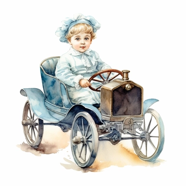 Watercolor Victorian baby girl in driving a turquoise ford t car from the era clipart , on a white background, Illustration clipart, 4K, extremely detailed