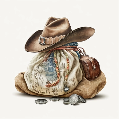 Beautiful cowboy money bag, white background, watercolor, hyperrealism, high detail, separate elements, set, clipart