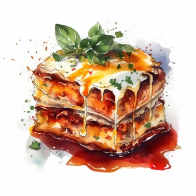 lasagna with melted cheese on top, watercolor clipart, white background, hd,