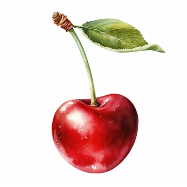 A delightful watercolor clipart of a cherry, elegantly displayed against a clean white background. The watercolor technique beautifully captures the vibrant red color of the cherry, with soft brushstrokes that bring out its glossy sheen and plumpness. The clipart showcases the intricate details of the cherry, from its round shape to the subtle variations in color on its skin. The white background creates a visually striking contrast, allowing the cherry to take center stage and evoke a sense of 