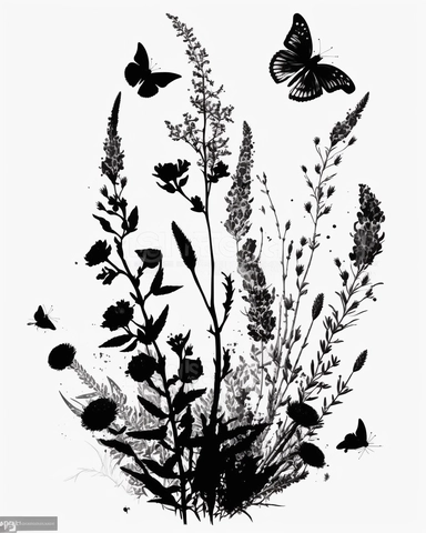 botanical black and white illustration, Silhouette art, clipart, A lot of lavender ,A very artistic composition,Complex composition, Everyone likes it @503150@