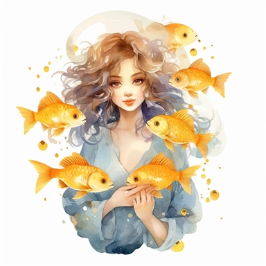 Pisces zodiac sign as fantasy cute girl surrounded by two golden fish, water theme, Watercolor pisces Zodiac Sign Clipart, 8k, detailed white background, uplighted