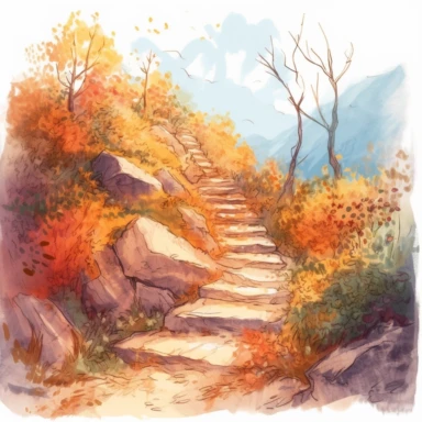 loose watercolor pencil sketch of hiking trail going up a mountain, clipart set, charming magical, warm colors, in the style of rhads, transparent layers, i can't believe how beautiful this is, natural light, illustration, white background