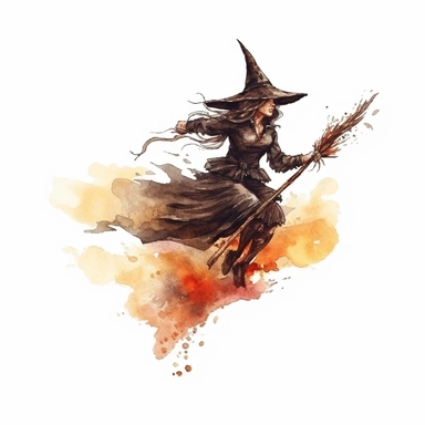 watercolor style, Witch on the broomstick: A long, slender broomstick associated with witches and their transportation. clipart, isolated on white background, 4K