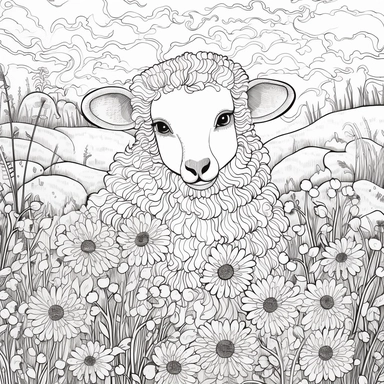 The sheep happily hopped among the flowery meadows. Simple outline, bold lines, black ink on white background, clipart. Make sure to leave some space for children to color. Black and white. Black ink on white background. The background should be a grassy field with colorful flowers.