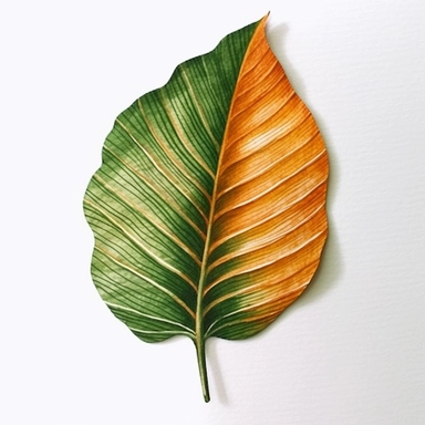 Orange with Green Tropical Linear Leaf in Watercolor hyper-realistic detailed illustrations, elegant water ink brush strokes techniques, delicate markings, monochromatic paintings, free brushwork, watercolor illustrations, painted illustrations Clipart, White Background Clipart, White Background