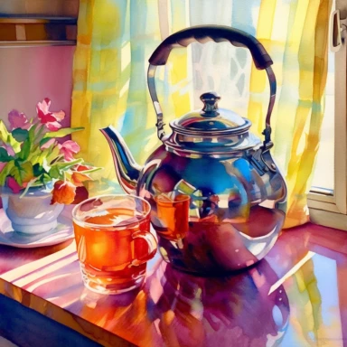 A captivating watercolor painting of a kettle, its form rendered with graceful brushstrokes and vibrant colors. The kettle takes center stage, positioned against a backdrop of a sunlit kitchen. The watercolor medium lends a sense of fluidity to the composition, as if the kettle itself is alive and brimming with warmth. The steam rising from the spout dances delicately, a visual representation of the anticipation and comfort that a cup of tea brings, clipart