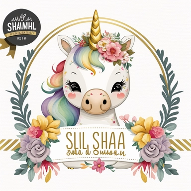 cute unicorn in chibi style with flowers in hair, colourful rainbow colours, well lite, with name plate ribbon with gold trim, watercolor clipart using procreate grain brush, svg white background