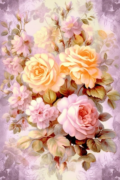 Vintage shabby damask clipart vignette with delicate floral patterns along the sides and corners of the image, small cute bright oil painting vignette with beautiful roses and blooming lilacs, light pastel tones in the center of the image,