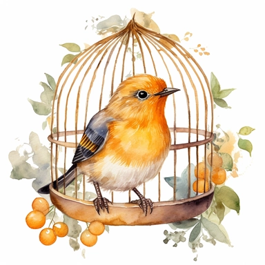 An endearing watercolor Eum bird clipart of Eum bird inside the cage 300DPI