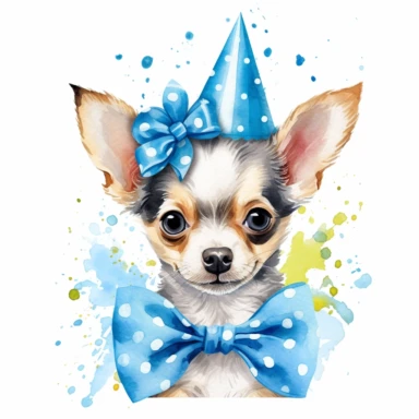 watercolor clipart white background moving living blue cartoon cute puppy Chihuahua dog birthday