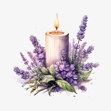 Enchaneted garden ultra realistic watercolor of vintage refreshing lavender cute candle clipart, lavender theme, lavender tone, watercolor, chamomile Flower, wildflower, woodland, png, soft light, intricate retro details, isolation, white background, procreate, 8k, highly detailed