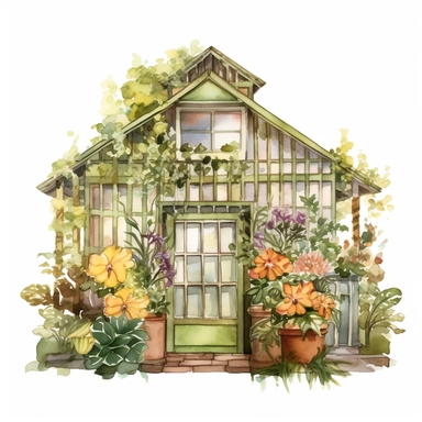 Blooming Greenhouse - An exceptional addition to the Whimsical Botanical Dwellings collection, this watercolor clipart presents a vibrant greenhouse teeming with various flowers. The structure itself is constructed from Fern Green leaves and Earth Brown branches, filled with a riot of blooms in Roseate Hue, Sunflower Yellow, Orchid Elegance, and Peony Blush. The Blooming Greenhouse, with its multitude of colors, stands out brilliantly against the white background, bringing a touch of blooming sp