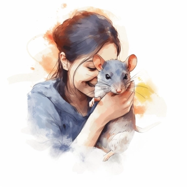 Adorable pet Rat having happy moment with it's human owner, water color style, clipart, white background