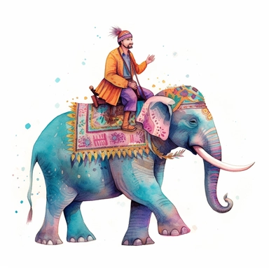 Man riding elephant isolated on white background, clipart, loose, watercolour gouache, textured, paper, naive folk art, whimsical, Lilla Rogers agency illustrator, isometric perspective, storybook style, bright vibrant colours, turquoise, teal, pink, purple, orange, yellow, blue, subtle patterns, stripes, dots, floral