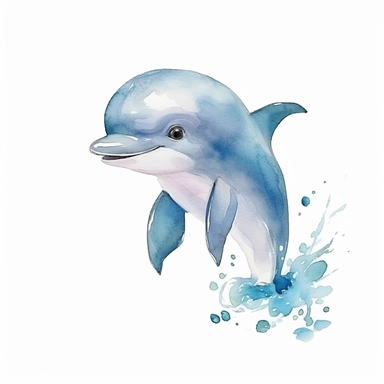 a cute baby dolphin with kind eyes clipart with watercolor illustration,full body shot,8k,etsy style, white background