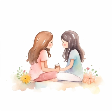 Two cute girls sitting together and having a conversation about their dreams and aspirations, flowers, inspiring each other to pursue their goals and set a positive example for others, clear white background, self love, self confidence, watercolor, simply drawn for children book, handrawn watercolor graphic clipart, 16k