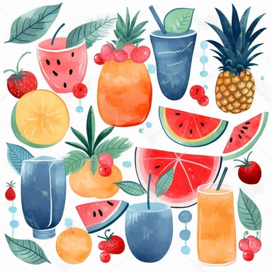 pemcil textured, a Simplified single Summer fruit and cocktail clipart, simple shapes, no lines, no outlines, clipart most popular on etsy, featured on dribble, cartoon animal clipart, minimalist, computer vector graphic design clip art, watercolor illustration clipart, watercolour clipart, watercolor illlustration for kids and children, book illustration, PNG tranparent background