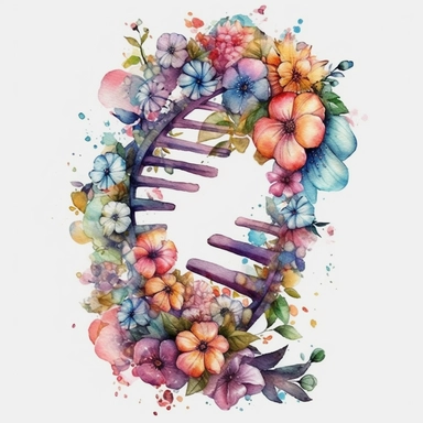 a DNA with Flowers watercolor Clipart sublimation clipart graphic, full body, clipart, sticker, a single picture, cartoon style, highly detailed, 8k, one image in the frame--no text in the picture--