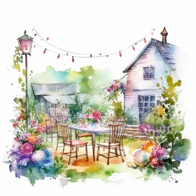 watercolor colorful clipart of a fancy garden party, hd, on white background