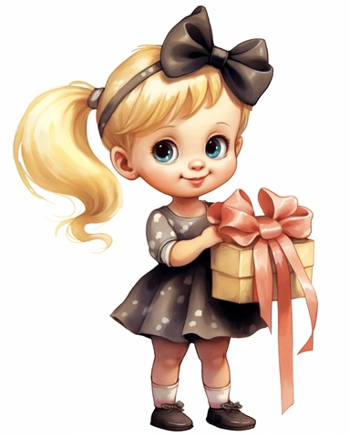 a happy cute little girl a five year old, bow on the head, blond hair, dress, gift, style by Lusy Fleming, folk art, watercolor, clipart elements, smooth gradients, black contour outline, ultra detailed, white background, super clear, high quality