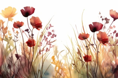 enchanted MAROON AND DUSTY YELLOW flower FIELD WATERCOLOR HAND PAINTED clipart, GREEN WILD LEAVES BETTWEEN FLOWERS AND IN THE BACK, WATERCOLOR AIRY PASTEL COLORS, VISIBLE WATERCOLOR BRUSH TOUCHES, DREAMY AND ELEGANT, COLORFUL DREAMY FLOWERS, white background, WATERCOLOR 8k,