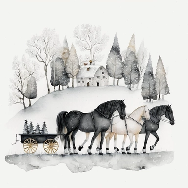 dark academia, horses, snow, fairytale, Christmas, swedish folk art, watercolor, white background, clipart