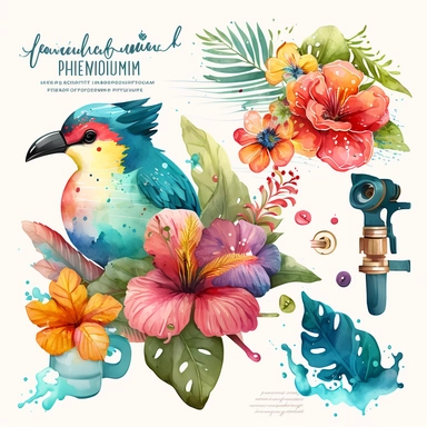 summer Illustrations, water festival , hibiscus flower, Floral Bouquet, squirt toy gun, water splash, little bird, Planner Graphics, Cheerful Colors, Hand-Drawn Art, Botanical Clipart, Watercolor Elements, single design, 8k