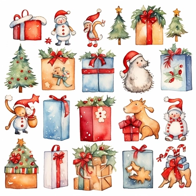 Watercolor christmasadvent calender, illustrations clipart set, simple, christmas colors , cartoon elements, different variants , xmas tree, gift box, santa, sleigh, candy cane, holly, star, snowman, xmas ornaments, snowflake, bell, bow, separate elements with a margin