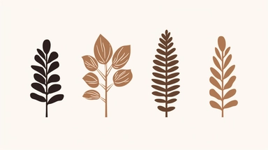 A collection of three stylized, minimalist botanical SVG vector icons, featuring a fern frond, a palm leaf, and a succulent, each with a bold, clean outline and a limited color palette of earthy greens and browns, ideal for use in nature-themed design projects, apps, and digital platforms, providing a modern and fresh take on classic botanical clipart