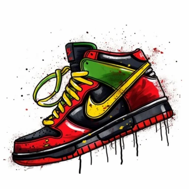 side view red and green Nike black soles shoes black soles with yellow Stitching black shoelaces shiny vector clipart art in comic book style hand drawn water paint on a white background